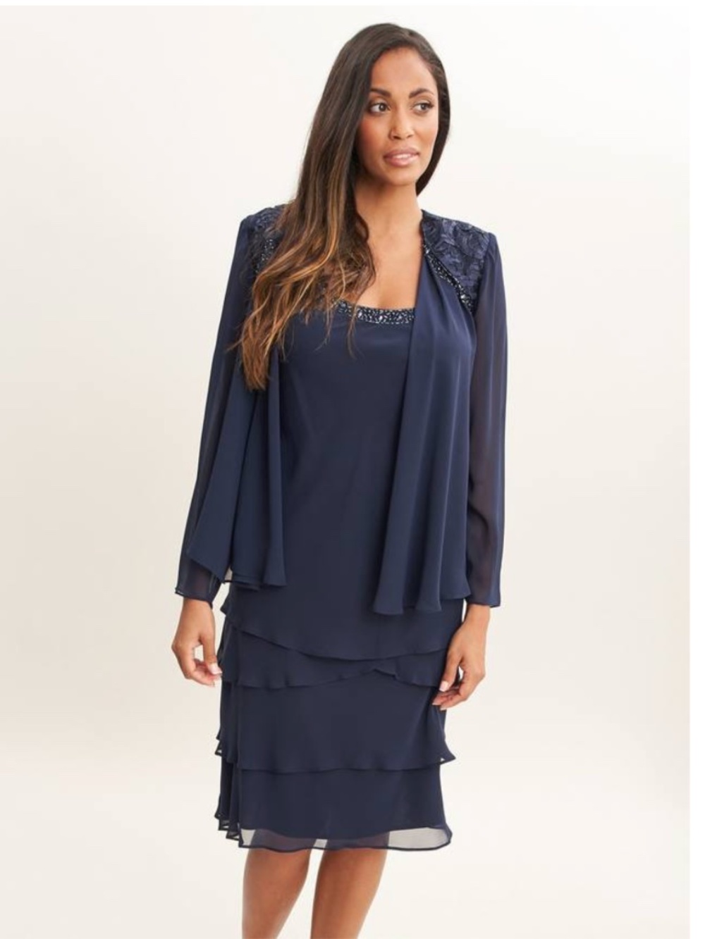 SLNY: Embellished Tiered Dress with Jacket